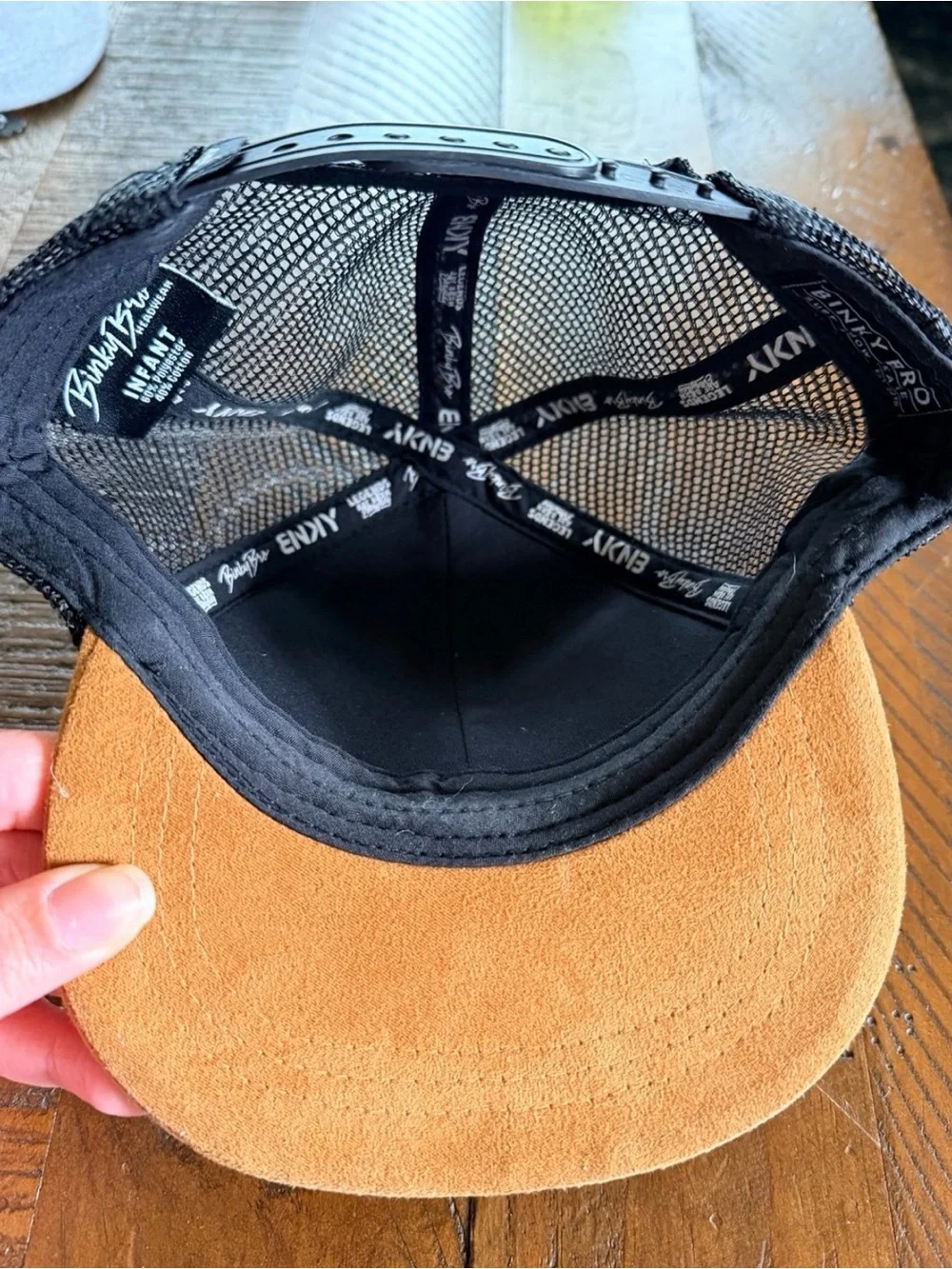 Two Infant Binky Bro Patch Trucker Hats - Black/Suede and Gray/White